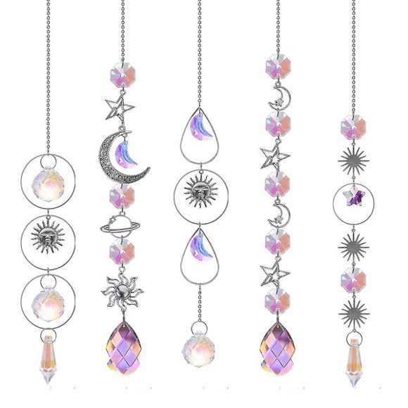 5 Colorful Crystal Sun Catchers with Chain, Prism Hanger for Christmas Weddings