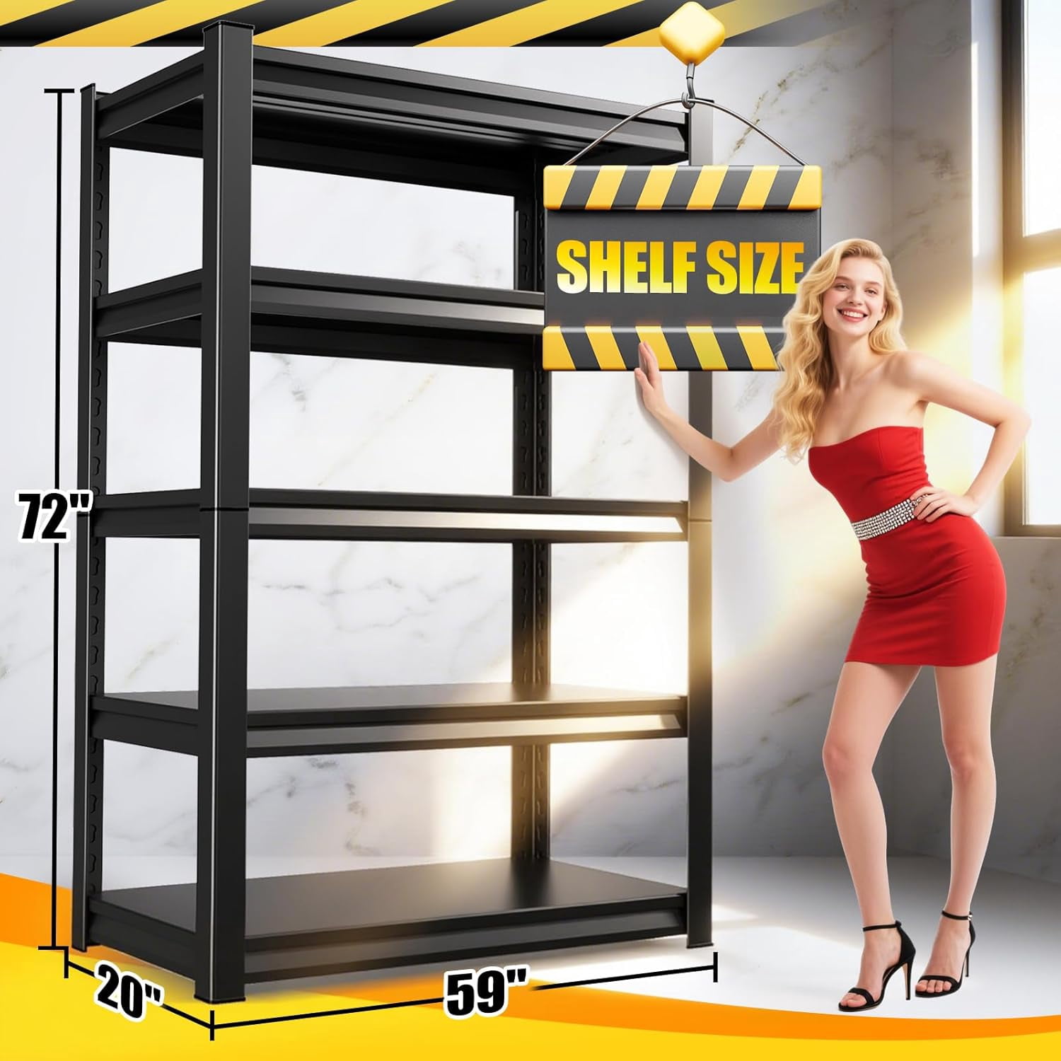 59" W Garage Shelving Heavy Duty Garage Storage Shelves Metal Shelving Unit 5T Adjustable Industrial Utility Shelf 3000LBS Black Organization Rack for Warehouse Storage,72" H x 59" W x 20" D