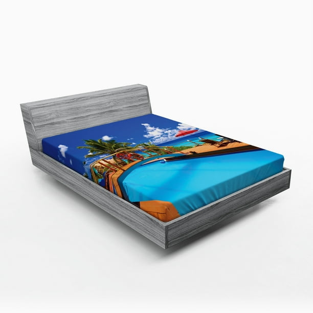 Beach Fitted Sheet Swimming Pool Coastal Seascape Beach with Palm Trees