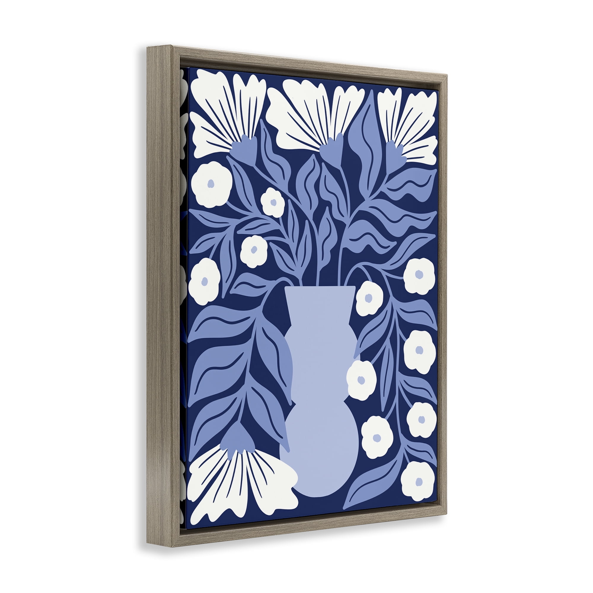 Stupell Industries Funky Blue Flower Vase Plants & Flowers Painting Brown Floater Framed Canvas Art Print Wall Art, 17 x 21
