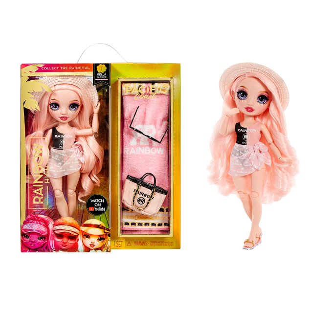 Rainbow High Pacific Coast Bella Parker- Muñeca de moda rosa con 2 trajes de diseñador, juegos de accesorios para la piscina, piernas intercambiables, juguetes para niños, gran regalo para edades 6-12
