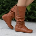 thumbnail image 2 of Women's Round Toe Knee High Boots Comfortable Wide Calf Leather Slouchy Fold Over Booties Hidden Wedge Slip On Riding Boots Orange Size 10.5, 2 of 6