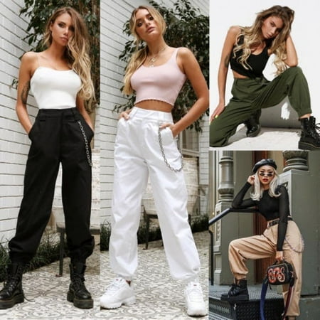 Goodlook Cargo Pants for Women Lady High Waist Jogger Skinny Trousers Side Pockets