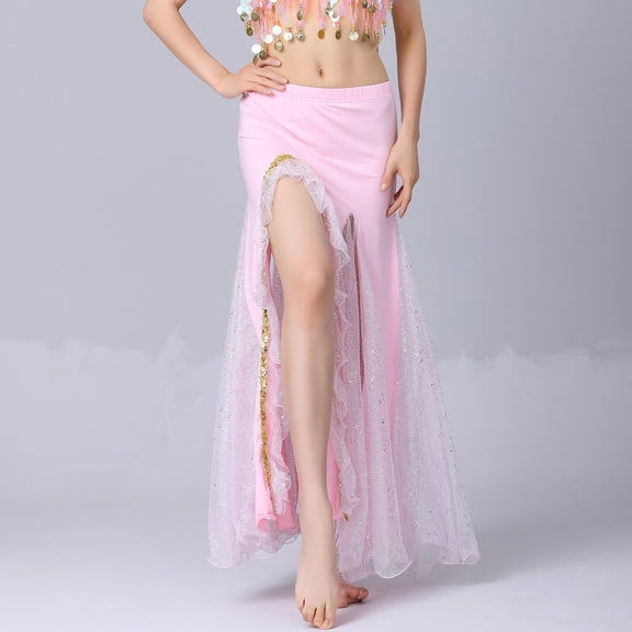 BLTIBY Belly Dance Sequin Split Skirt for Women Dance Wrap Hip Skirt Ladies Stage Performance Long Dress Dance Practice Half Skirts Pink Free Size