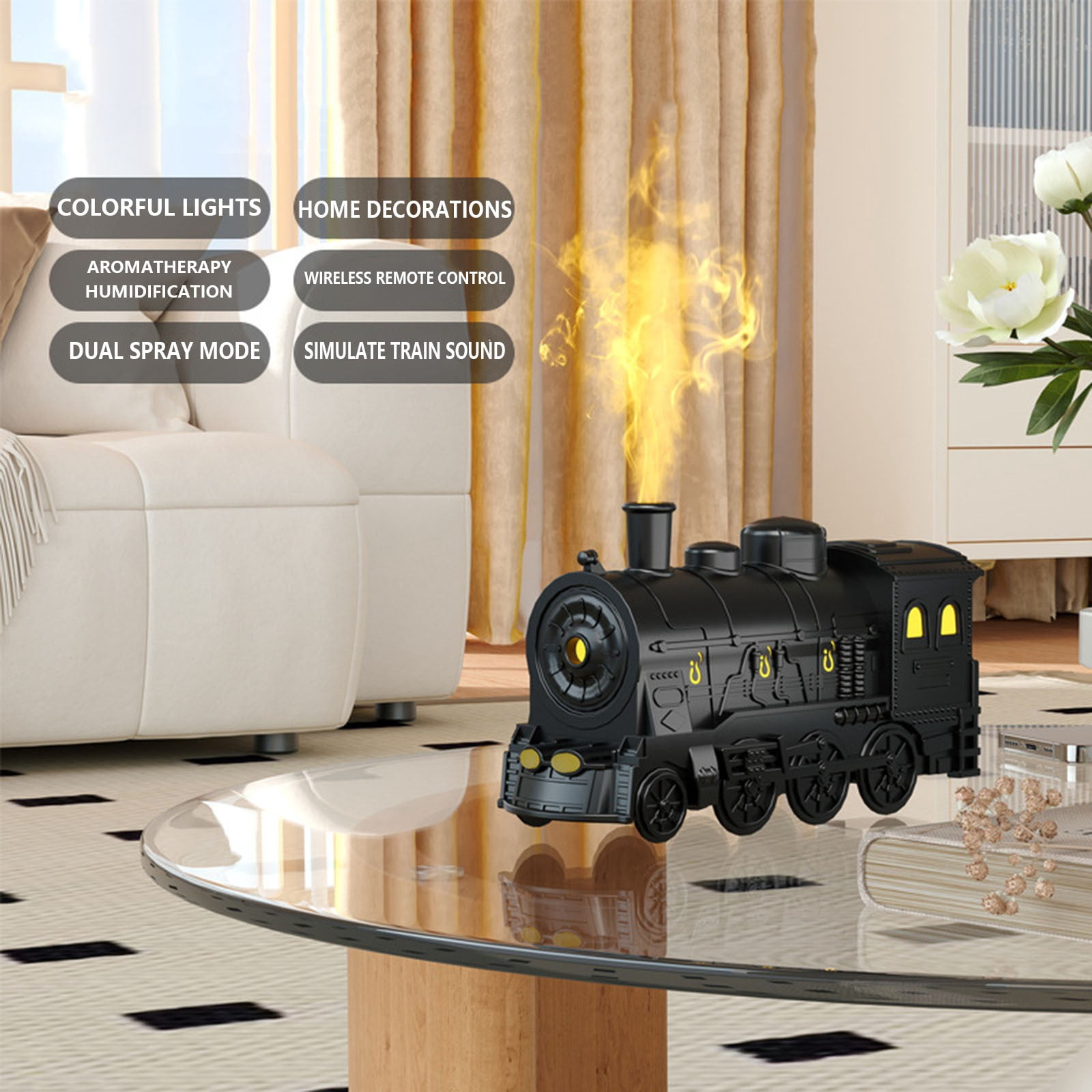 Colorful LED Train Aromatherapy Diffuser with Remote Control, 300ml Humidifier, Whimsical Design, Wireless Operation, Simulated Train Sound, Ideal for Home Office Black