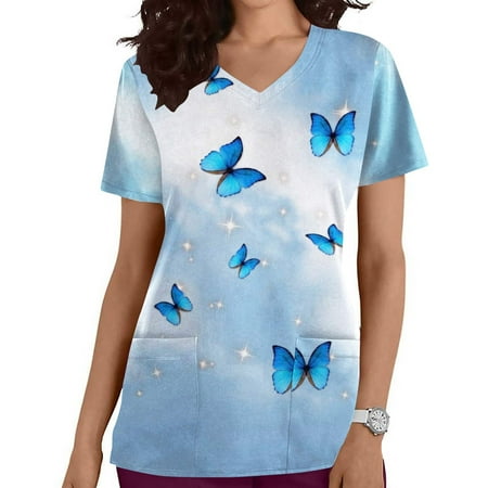 

Funicet Savings Clearance 2023! Plus Size Tops for Women Scrubs Tops Short Sleeve Working Uniform V Neck Nurse Shirts Butterfly Printed Blounce w/Pockets