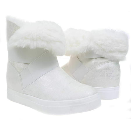 White Shimmer Boots Fur Vegan Women's Mid-Calf Winter Slip On -