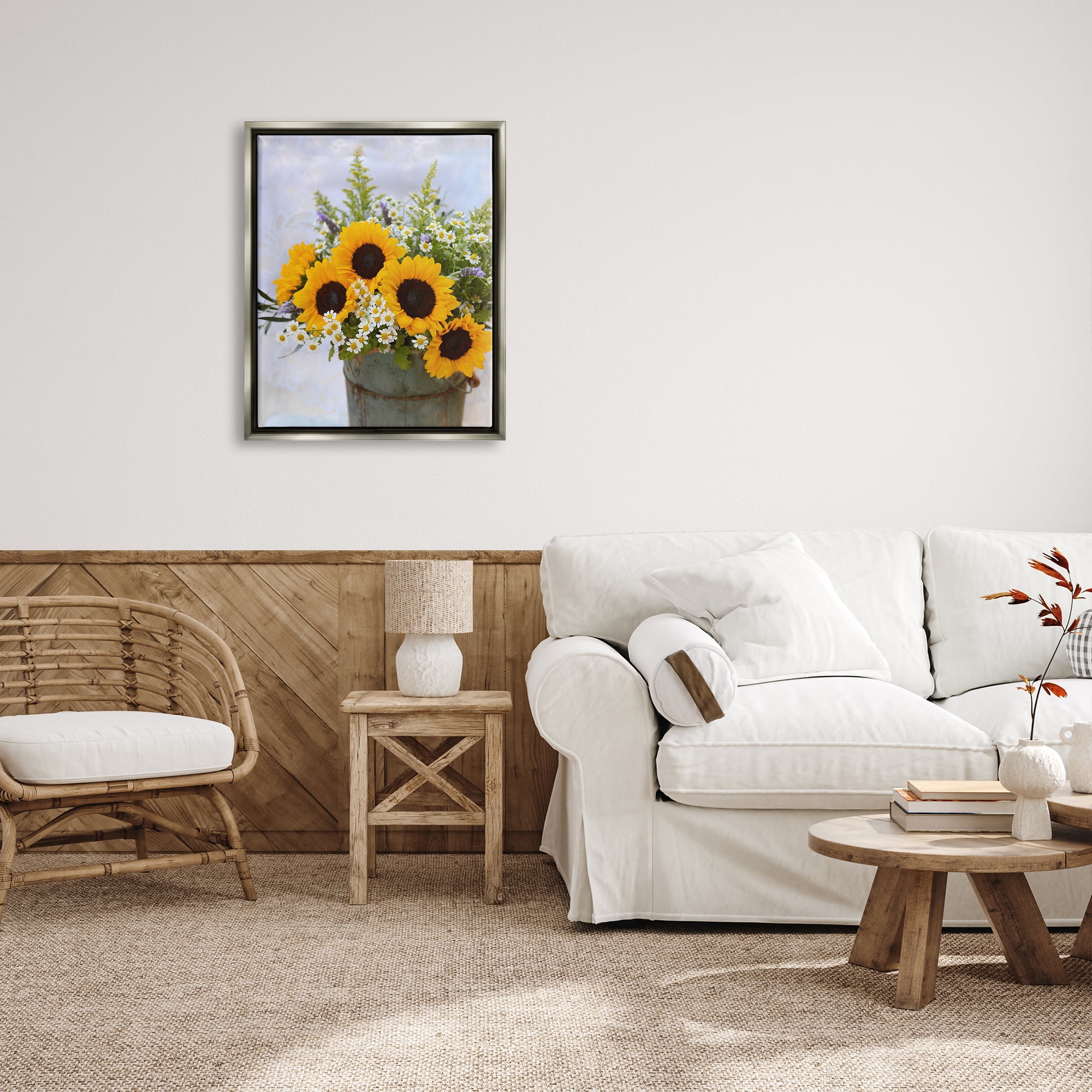 Stupell Industries Sunflower Bouquet in Tin Botanical & Floral Photography Gray Floater Framed Canvas Art Print Wall Art, 25 x 31