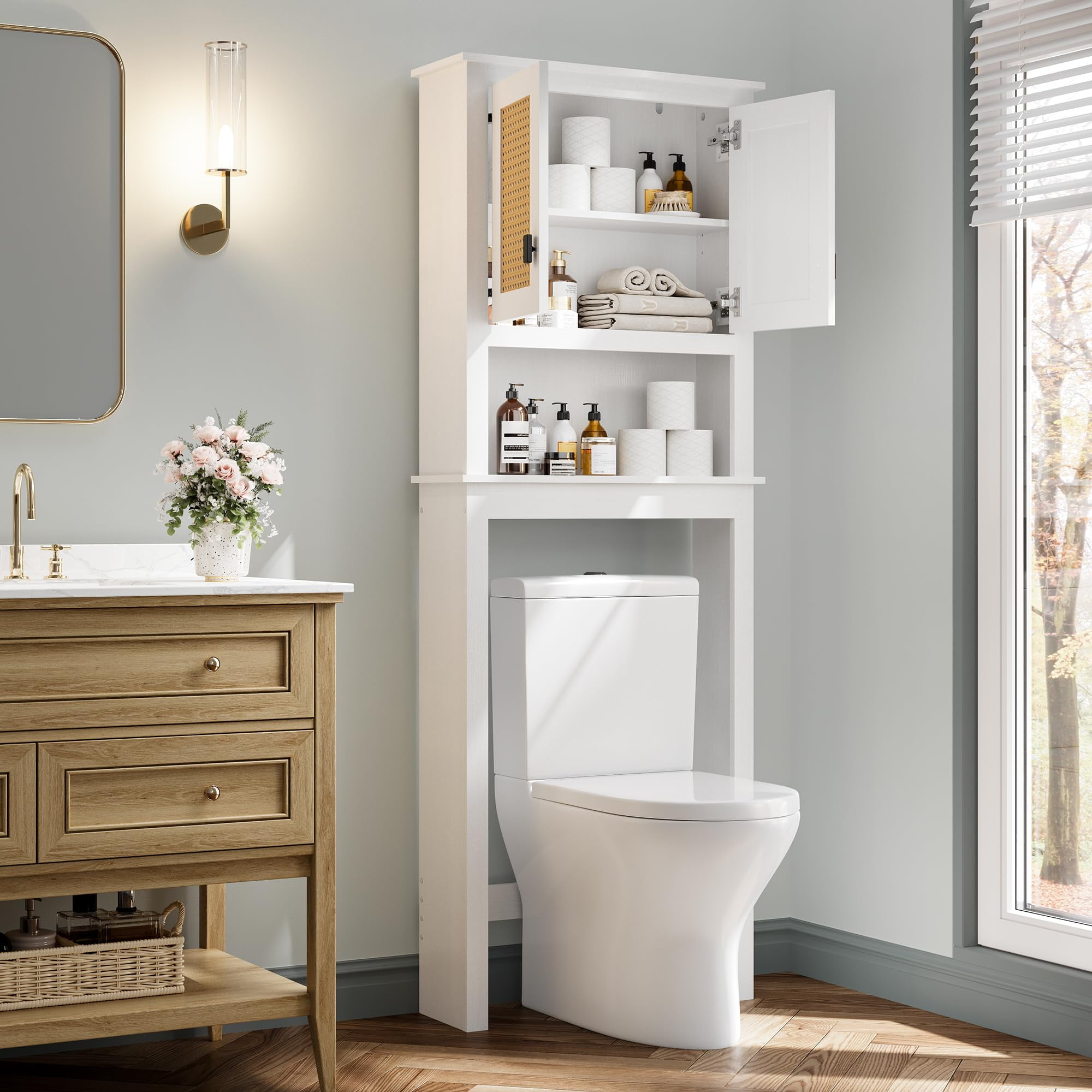Danolapsi Rattan Toilet Storage Cabinet,Over The Toilet Storage Cabinet,Farmhouse Over Toilet Bathroom Organizer with Rattan Doors,Freestanding Wood Above Toilet Storage Cabinet with Adjustable Shelf