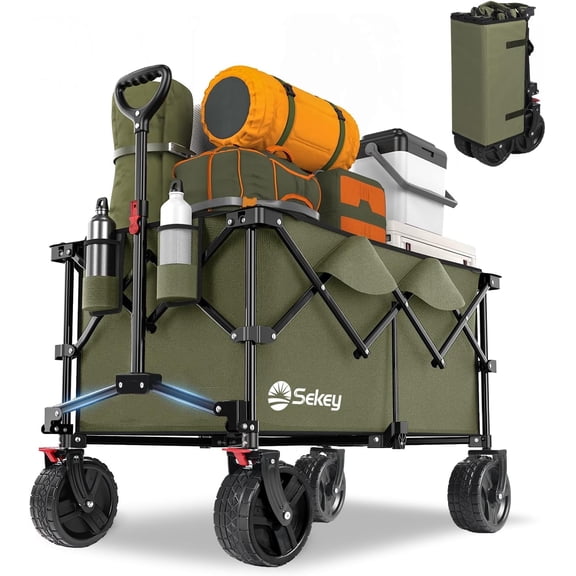 Sekey 300L Foldable Wagon Cart with 330lbs Weight Capacity, Heavy Duty Folding Collapsible Wagon with Big All-Terrain Beach Wheels & Drink Holders for Outdoor (Khaki)