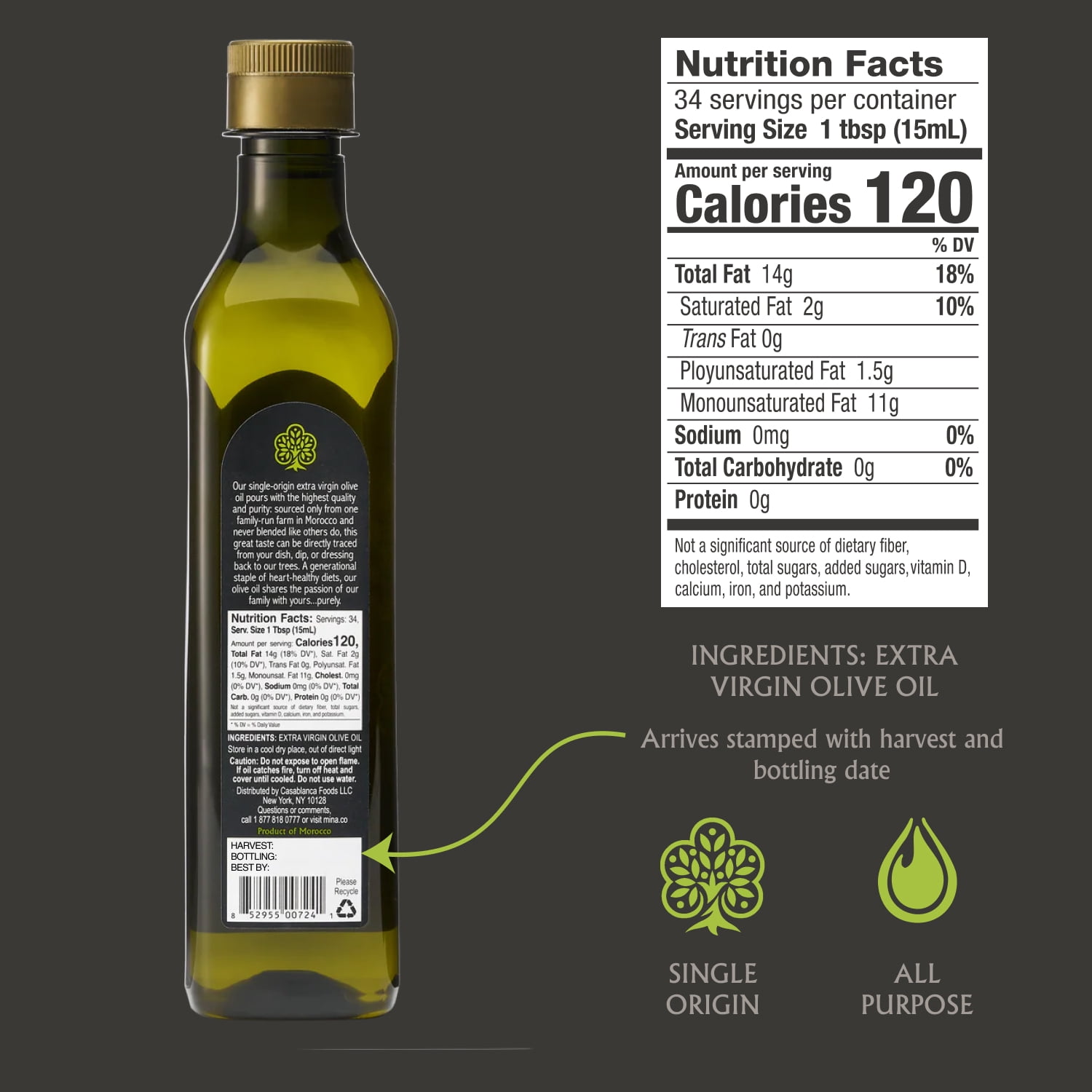 Mina Moroccan Olive Oil Extra Virgin, 16.9 fl oz, High Polyphenol Olive Oil, Single Origin Olive Oil