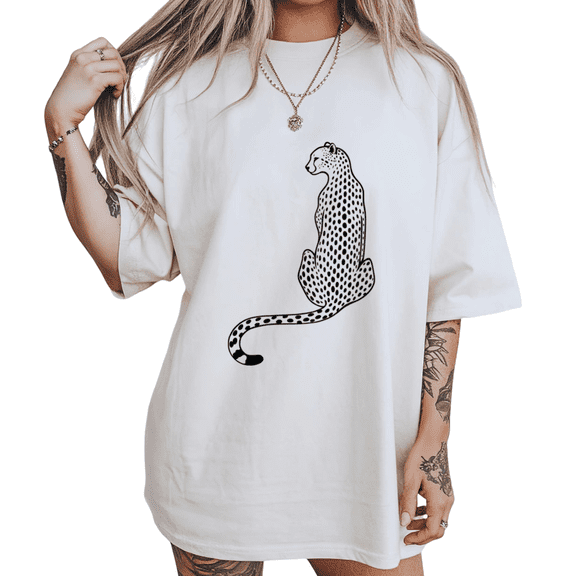 UNISHE White Women's Soft Simple Safari Cheetah Line Art Graphic Short Sleeve T-Shirt Tops