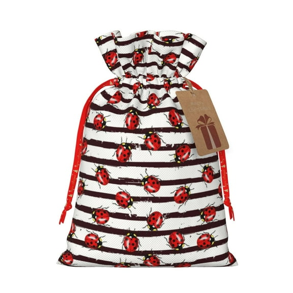 Naloa Ladybugs on Black and White Striped1 Drawstring Christmas Bags, 3D Xmas Gift Bags, Christmas Wrapping Bags, Xmas Goodie Bags, Treat Pouch Bags, Party Favor Bags-Small