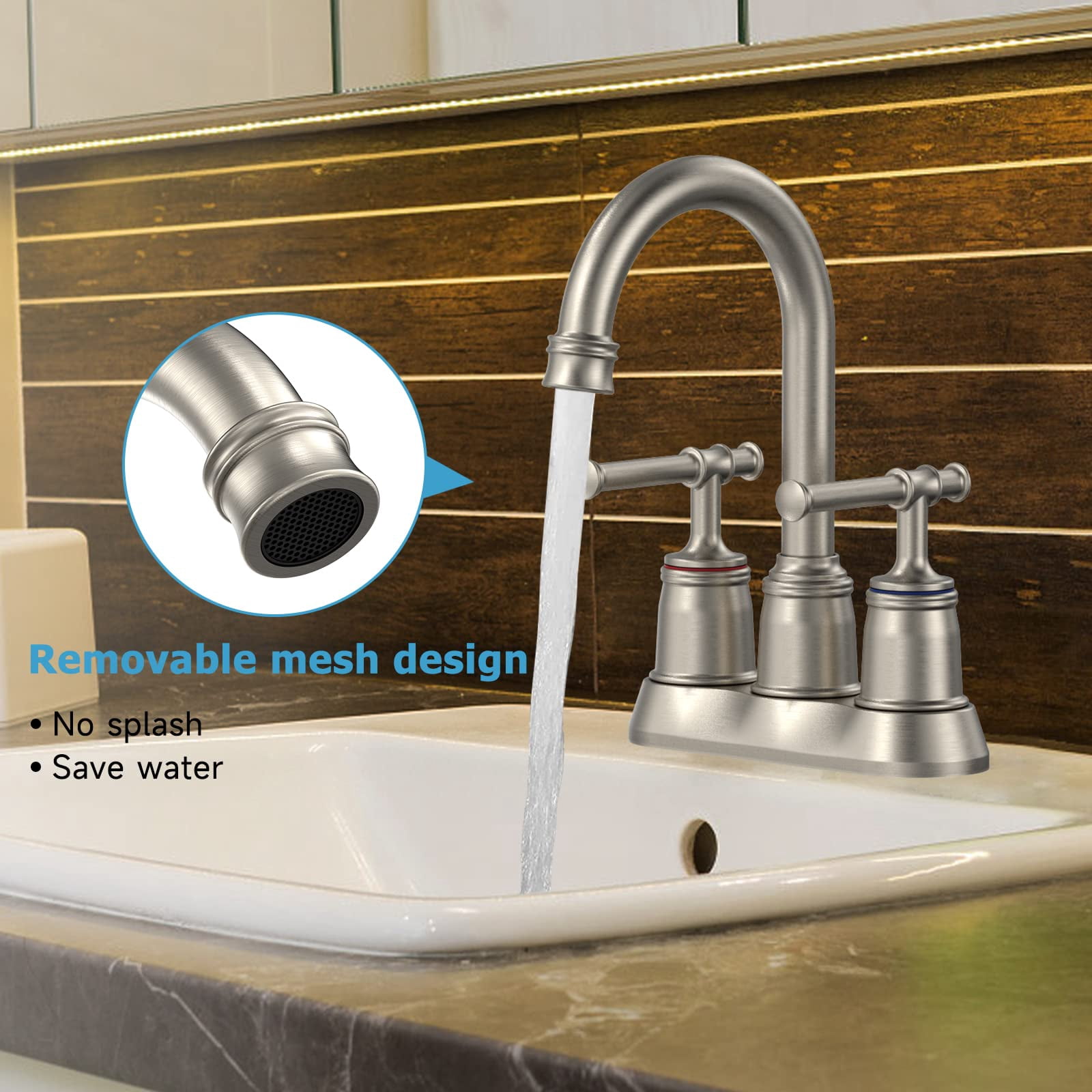 4 Inch Classical Brushed Bathroom Faucets for Sink 2&3 Holes with Pop-up Drain Stopper 2 Handle Bathroom Sink Faucet for Cold and Hot Water