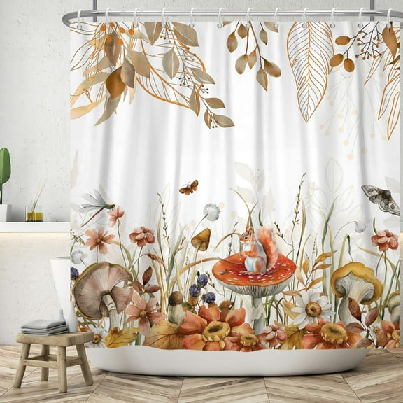 MIZHONA Rustic Mushroom Shower Curtain,Botanical Leaves Bathroom Shower Curtain with Hooks,72Wx72L