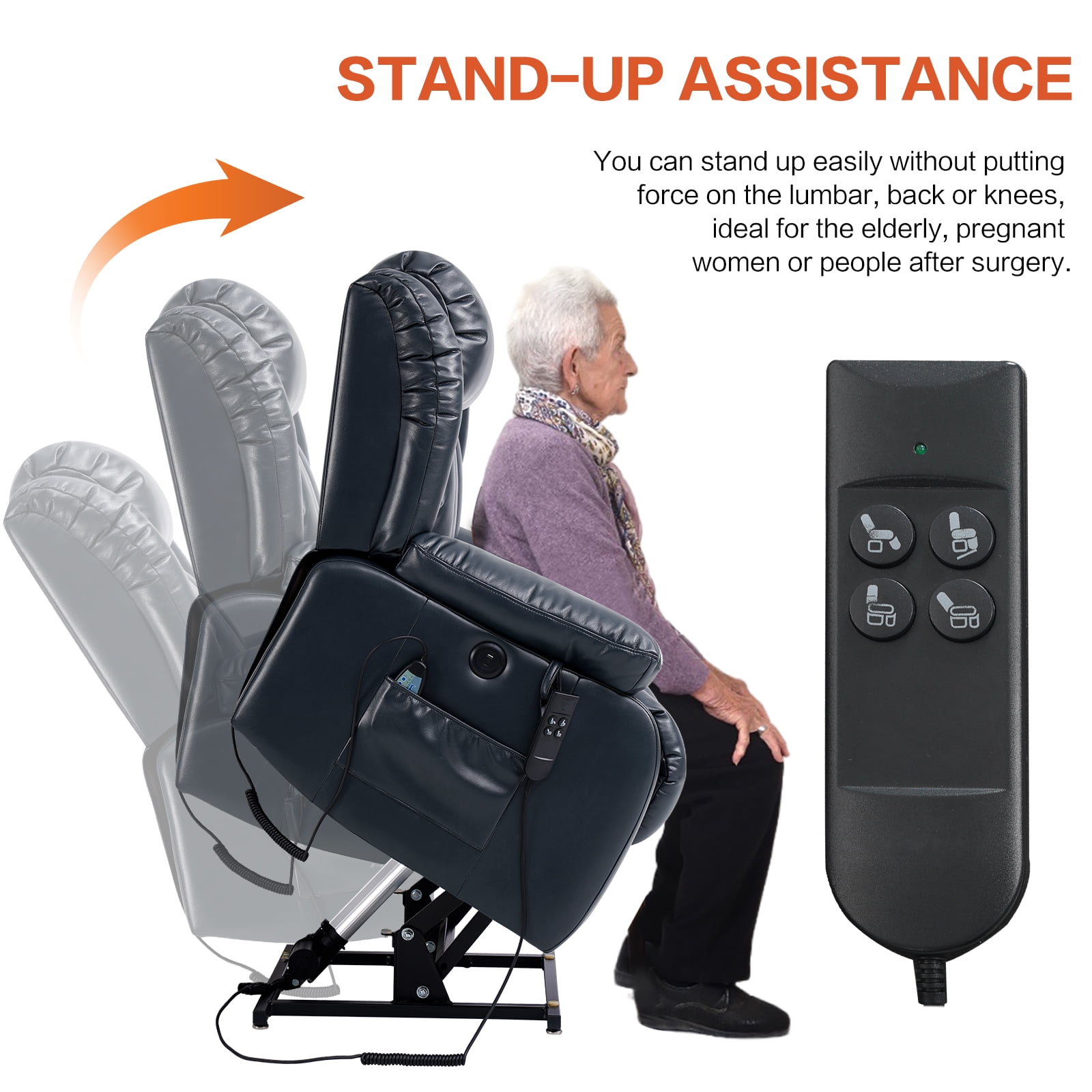 TEKAMON Infinite Position Lift Recliner Chair for Elderly with Heat and Massage Lay Flat Sleeping Leather Dual Motor Power Lift Chair for Living Room (Blue)