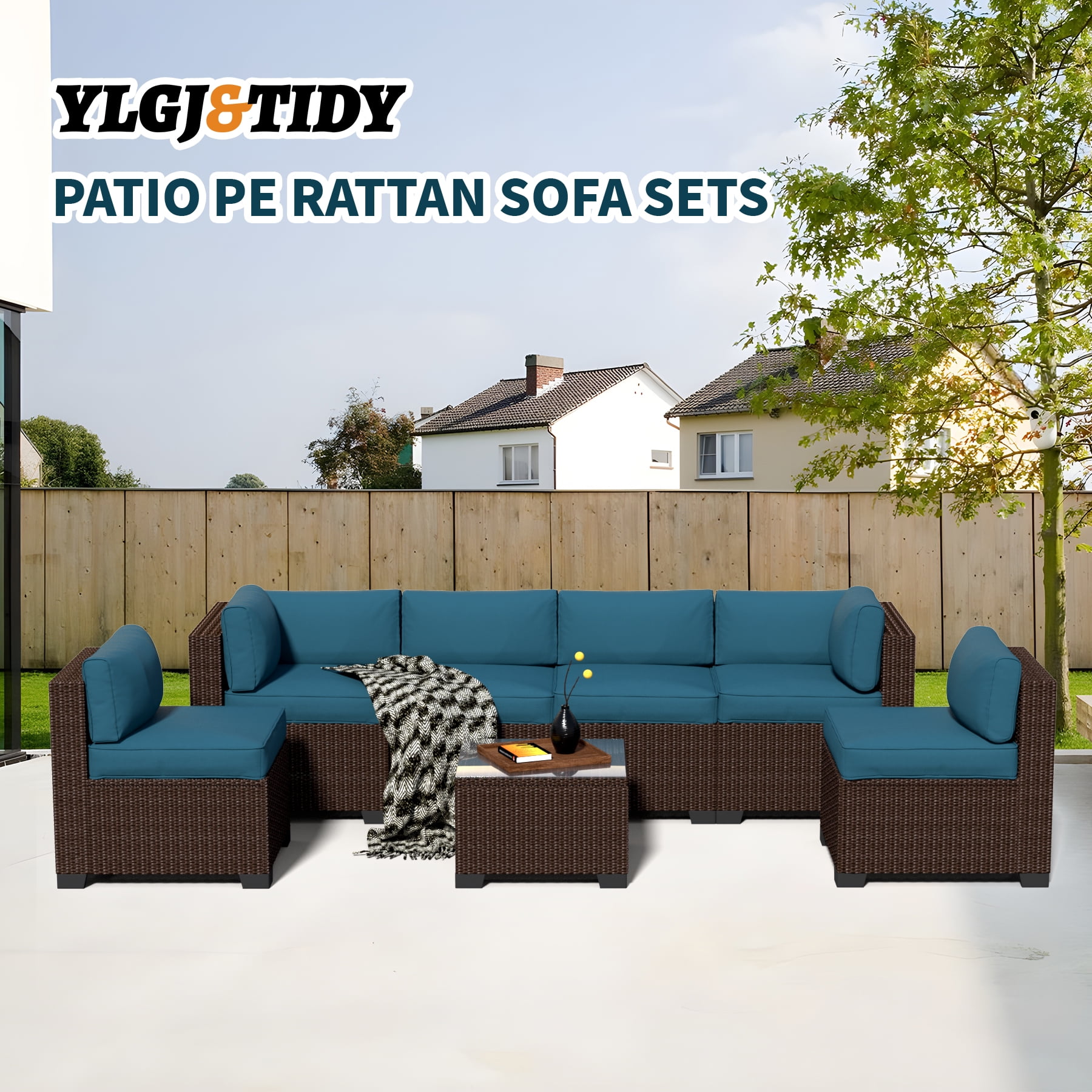 7-Piece Outdoor Patio Furniture Set, PE Rattan Sectional Sofa with Waterproof Cushions & Coffee Table, Modern Patio Conversation Set for Porch, Balcony, Backyard (Peacock Blue)