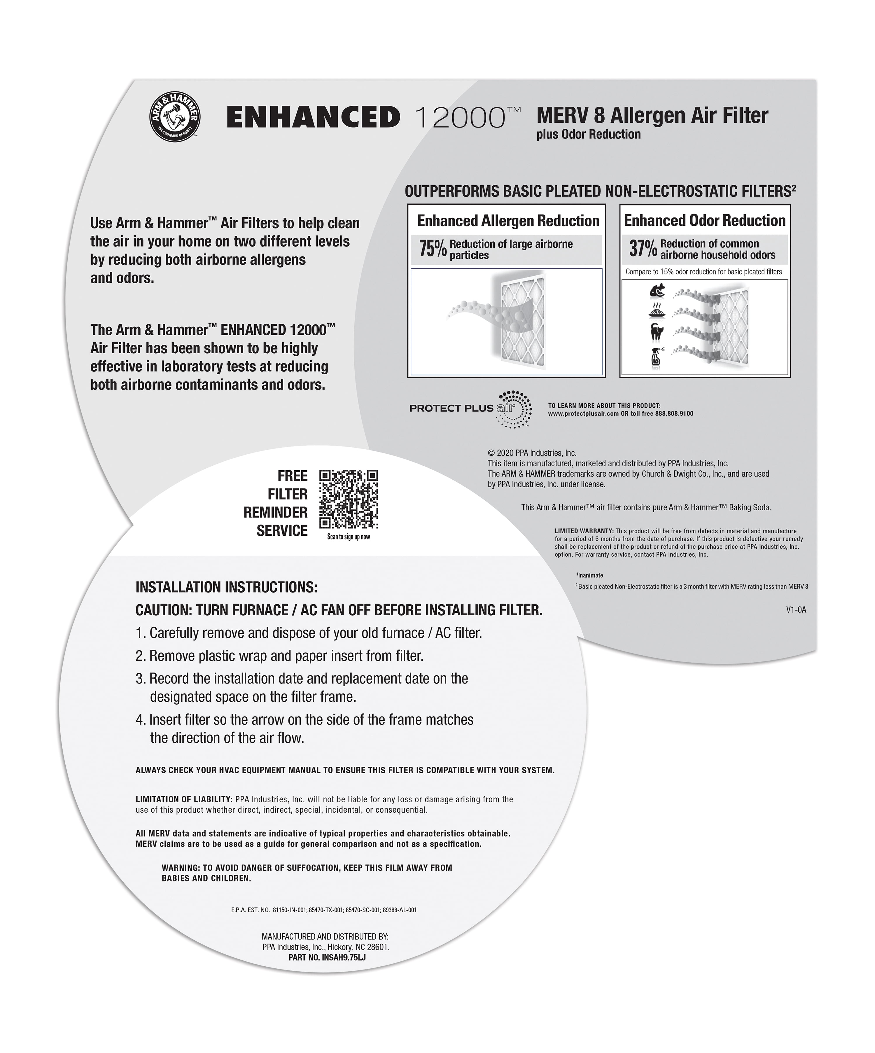 (2 pack) 16x25x1 (15.75 x 24.75) ARM & HAMMER™ Enhanced Allergen 12000™ MERV 8 Air Filters