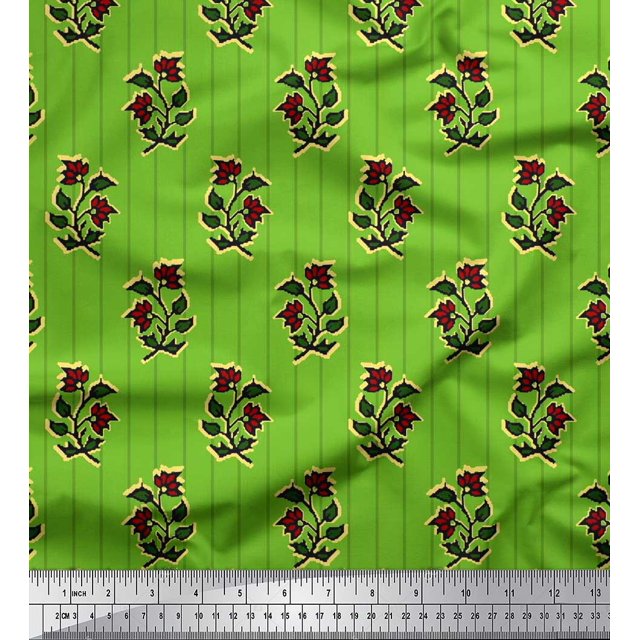 Soimoi Tissu Voile de Coton Vert Rayé, Feuilles & Floral Tissu Décoratif Imprimé au Mètre 56 Pouces de Large