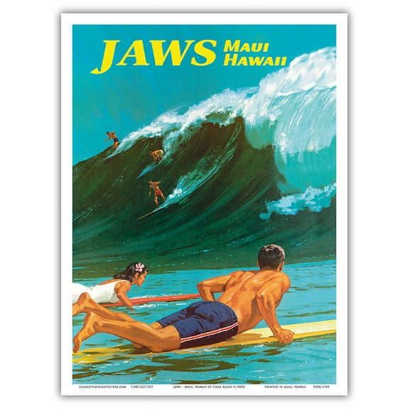 Jaws - Maui Hawaii - Big Wave Surfing - Vintage Hawaiian Travel Poster by Chas Allen c.1950s - Master Art Print (Unframed) 9in x 12in
