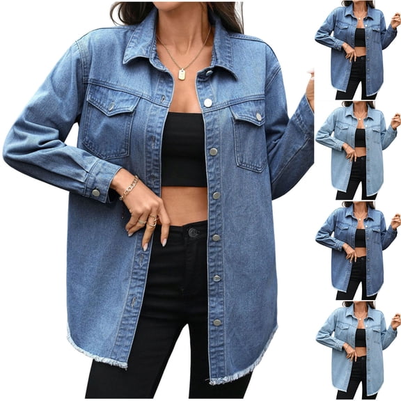 Hueook Denim Jacket Jeans Shirts Jacket Lightweight Women‘s Denim Casual Fashion Turndown Collar Solid Color Outwear Jackets Coat Light Blue L