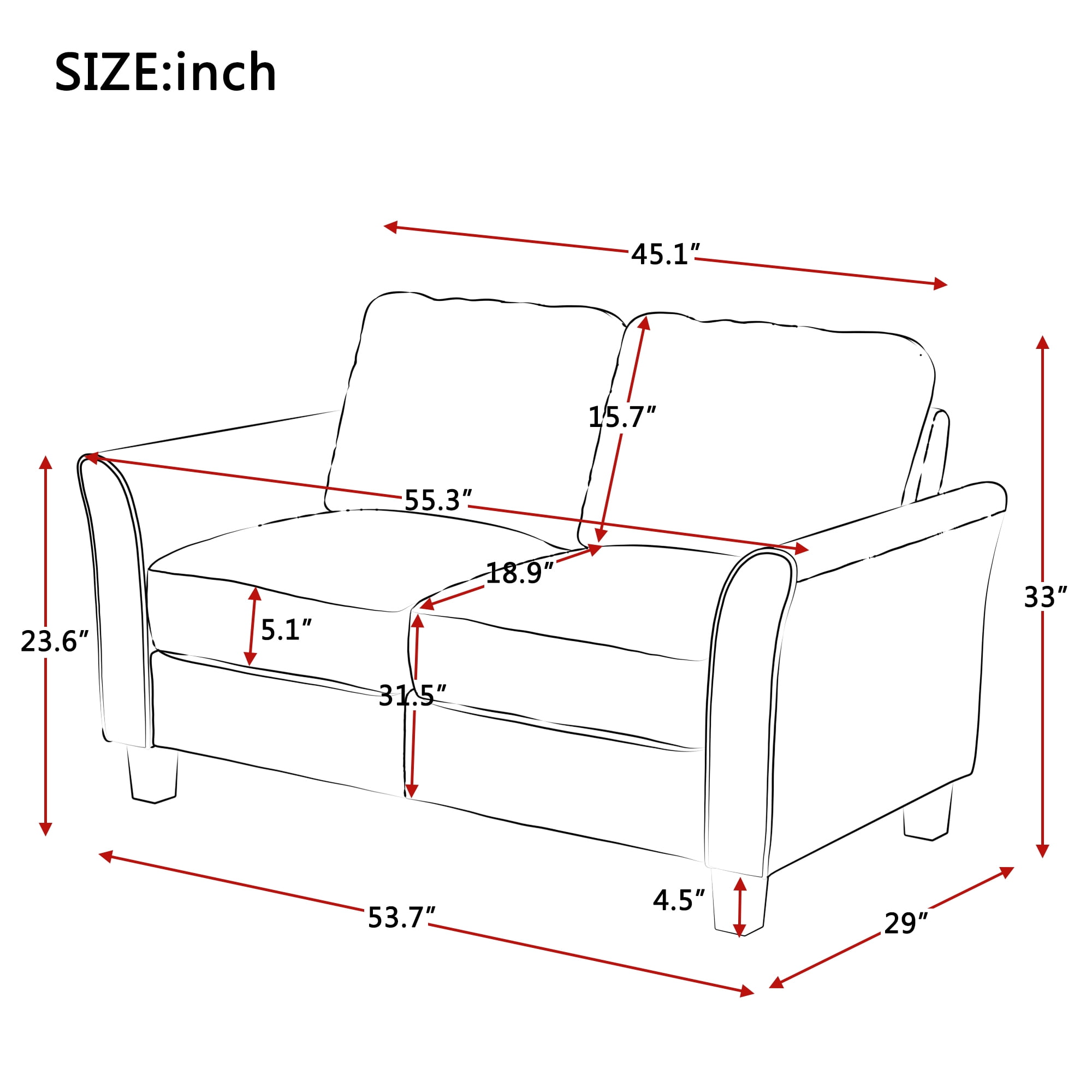 Kadyn Mid-Century Modern Loveseat Sofa, 2 Seater Sofa, Living Room Sofa for Home, Office, Gray