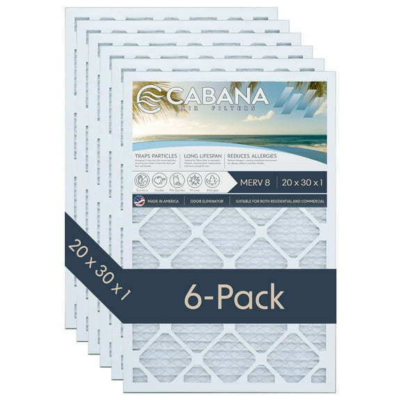 Cabana Air Filters 6 Pack HVAC Furnace Filter, MERV 8, 20 x 30 x 1, White