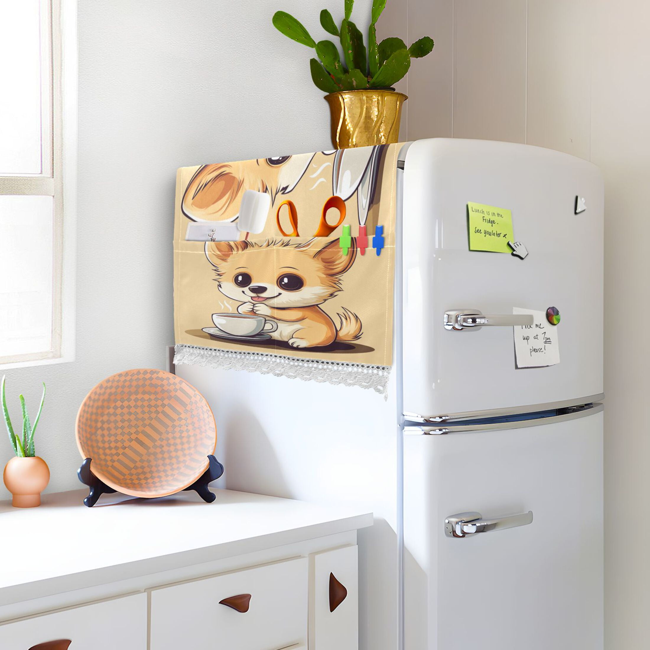Cartoon Cute Dog Drink CoffeeWasher and Dryer Covers Dust-Proof and Oil Resistant Fridge Cover with 4 Storage Pockets Washing Machine Top Cover for Laundry Kitchen Home 51.2 x 22 In