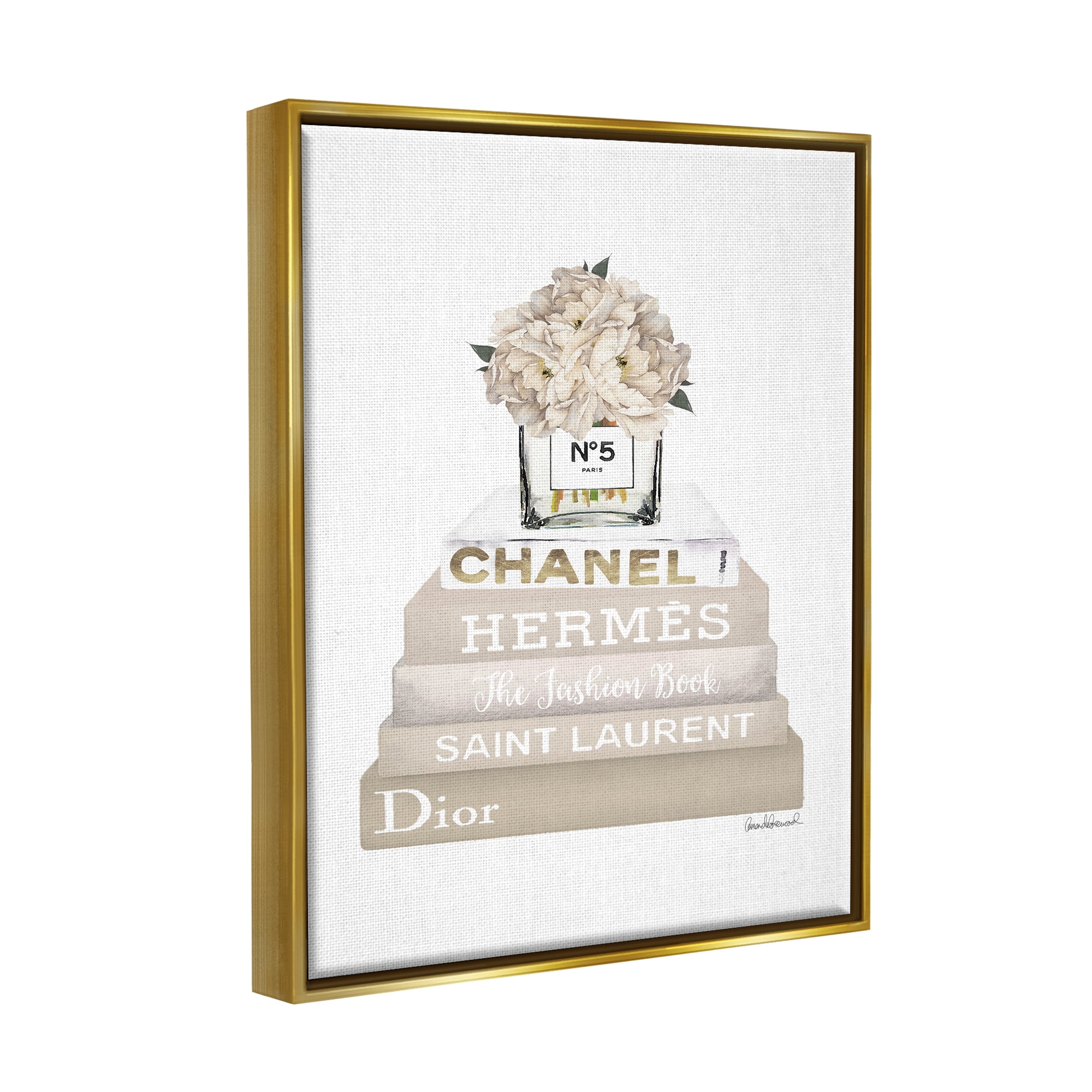 Stupell Industries High Fashion Bookstack with Tan Flowers Metallic Gold Framed Floating Canvas Wall Art, 16x20, by Amanda Greenwood