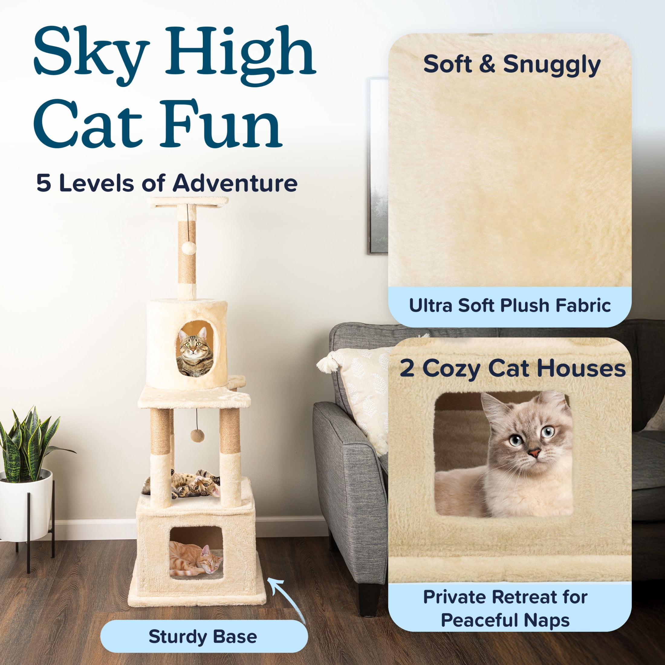 PETMAKER 57in Tall Cat Tree with Kitty Condos, Perches, Scratching Posts, and Hanging Toy (Beige)