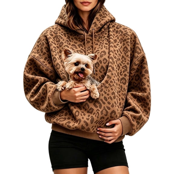 DHFJKG Cat Dog Pouch Hoodies For Women Leopard Sweatshirt Pet Holder Kangaroo Pocket Carries Pullover