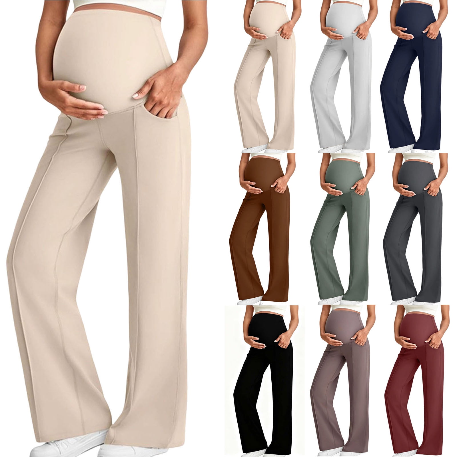Bloomae Maternity Pants Over The Belly Yoga Dress Work Pregnancy Pants Elastic High Waist Stretchy Lounge Wide Leg Leisure Trousers with Pockets Dark Gray S