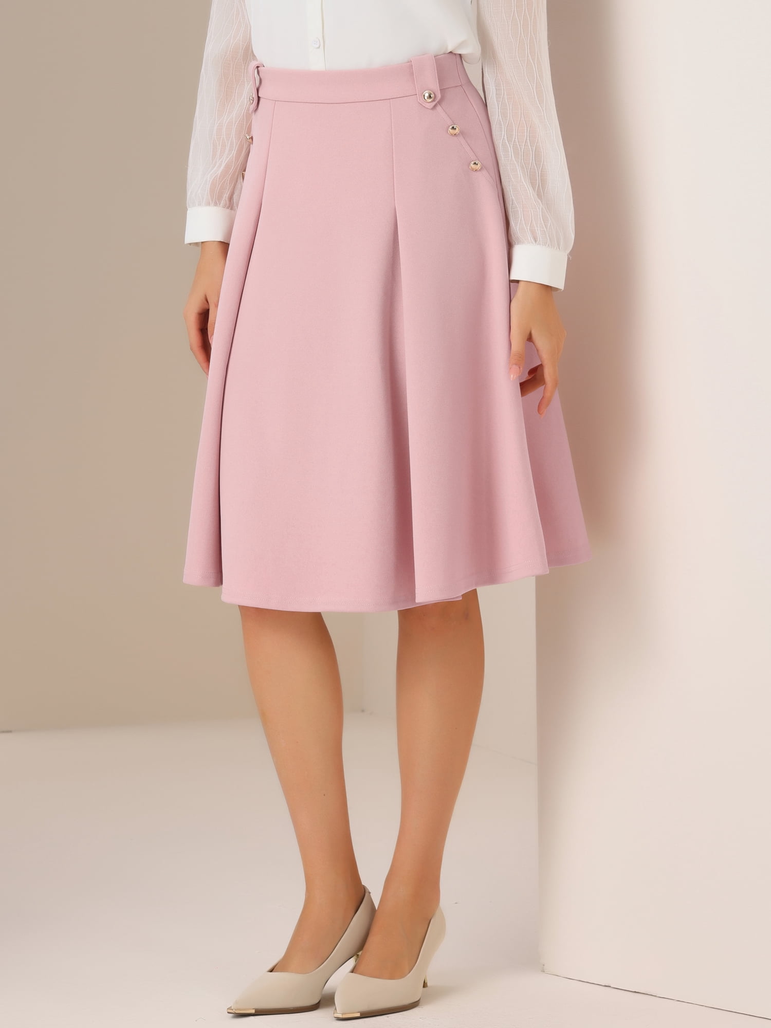 DARING DIVA Women's Button Decor Flared Midi Skirt S Pink