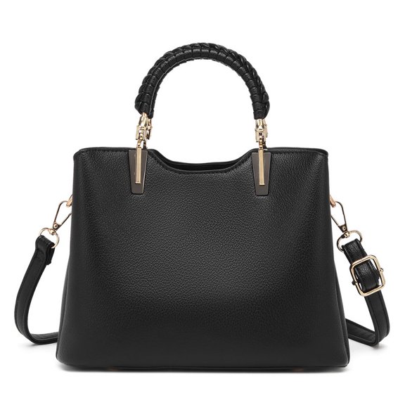 Alikpop Braided Handle PU Satchel Bag, Adjustable Crossbody Purse for Women, Black