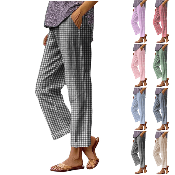 Delayuji Plaid Linen Pants For Women Loose Elastic Waist Casual Summer Palazzo Pants With Pockets