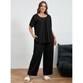 thumbnail image 6 of SHOWMALL Plus Size 2 Piece Sleepwear/Loungewear Set for Women, Black 1X Comfy Short Sleeve Home Pajamas with Pleated Top and Lounge Pants with Pockets, 6 of 8