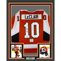 Framed Autographed/Signed John LeClair 35x39 Philadelphia Orange Hockey Jersey Beckett BAS COA