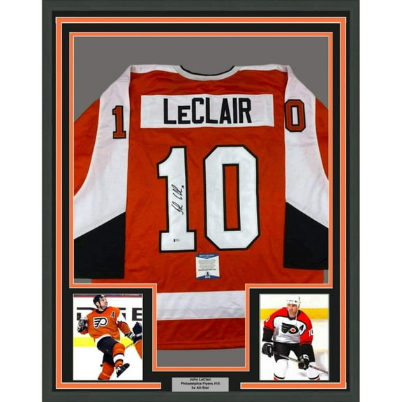 Framed Autographed/Signed John LeClair 35x39 Philadelphia Orange Hockey Jersey Beckett BAS COA