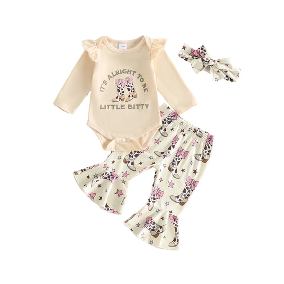 Svuitmsl Western Newborn Baby Girl Cowgirl Outfit Spring Fall Winter Clothes Letter Boots Print Long Sleeves Romper and Elastic Flared Pants Headband Set