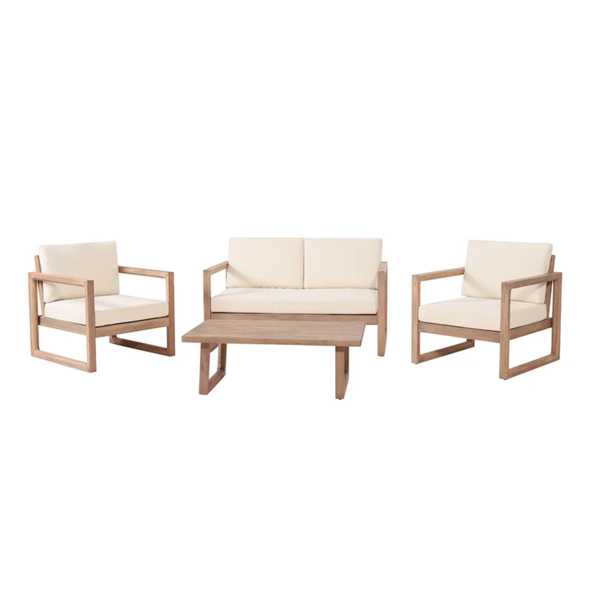 4-Piece Outdoor Acacia Wood Patio Set with 2 Club Chairs, Loveseat, and Coffee Table, Conversation Set with Cushions, Brown and Beige