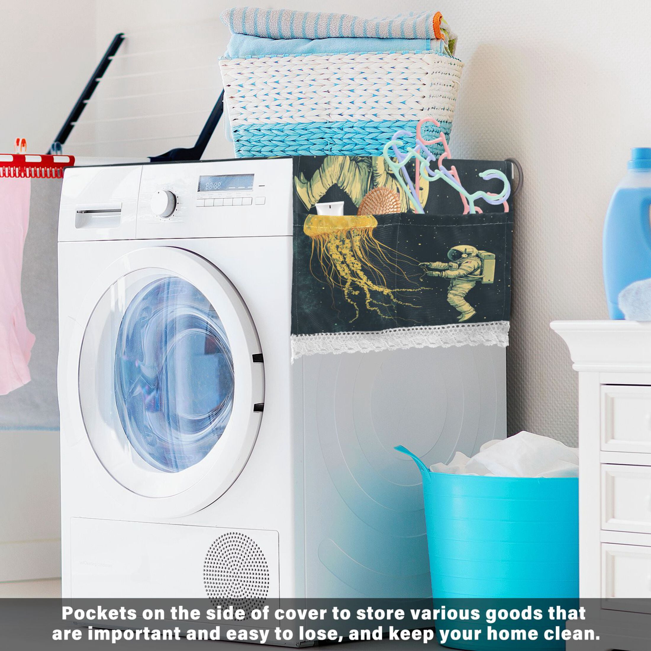 Jellyfish and AstronautWasher and Dryer Covers Dust-Proof and Oil Resistant Fridge Cover with 4 Storage Pockets Washing Machine Top Cover for Laundry Kitchen Home 51.2 x 22 In