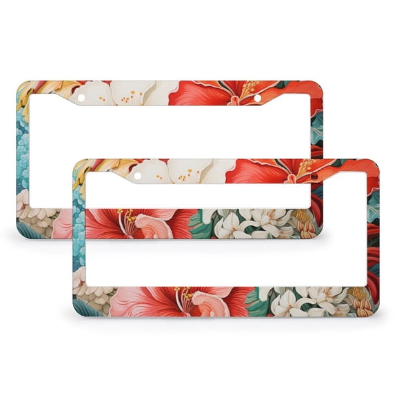 Tropical Floral Summer Flowers License Plate Frame 2 Pack Hawaiian Pink Red Floral Personalized License Plate Frame Fits All Car 2 Holes Quality Aluminum Metal License Plate Cover
