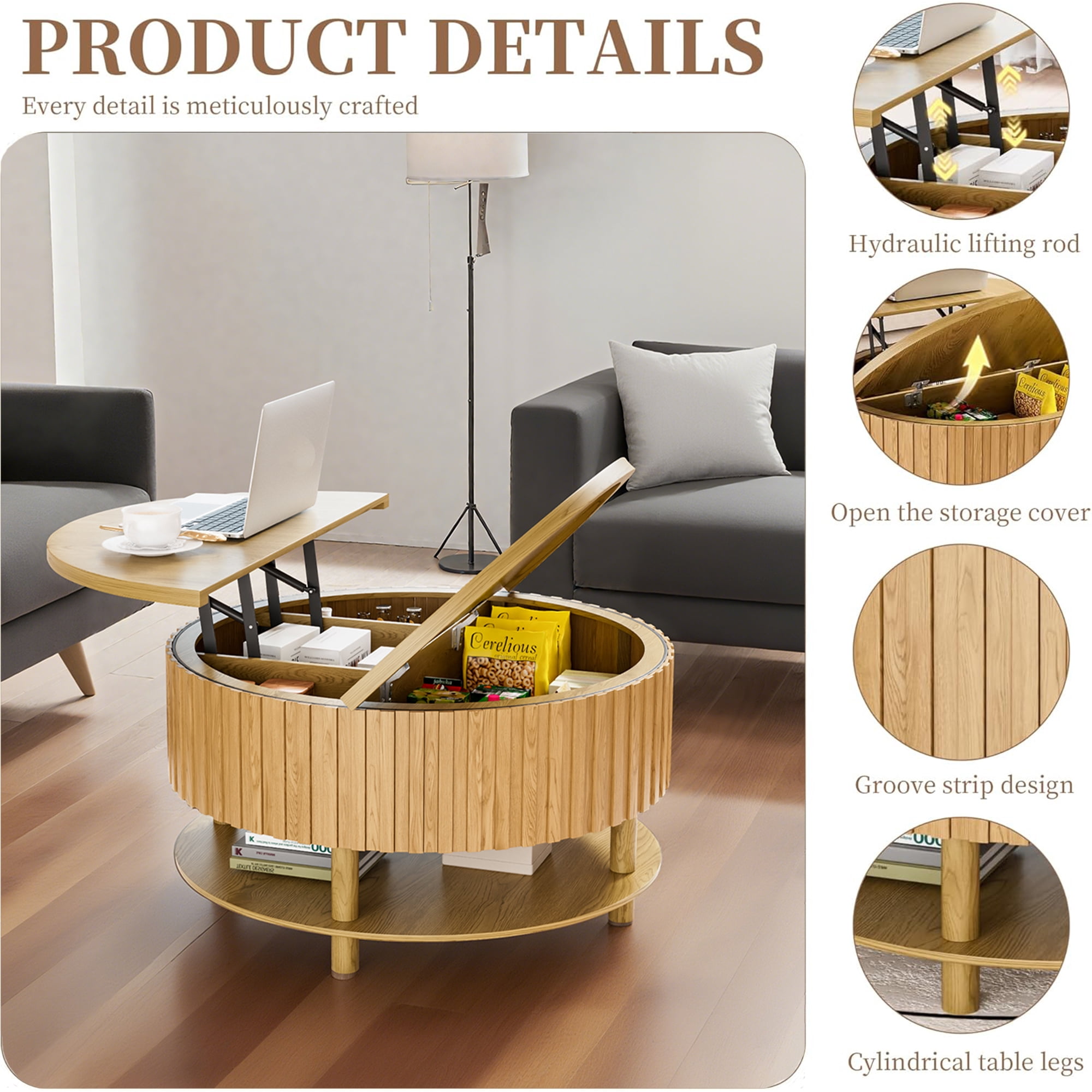 Round Lift Top Coffee Table with Storage, 2-Tier Center Table with Hidden Compartment, Circle Coffee Table with Open Shelf for Living Room, Wood Color