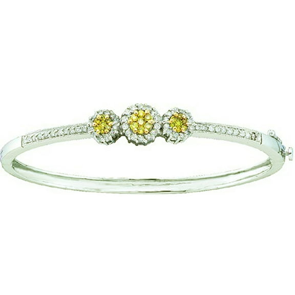 Dazzlingrock Collection 1.05 CT 14k Round White & Yellow Diamond Flower Bangle Bracelet, White Gold
