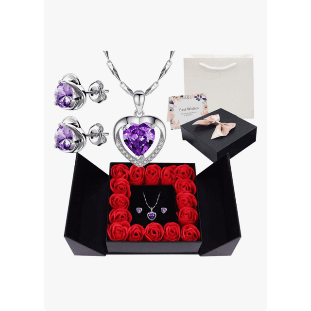Flores Rosas Eternas Y Collar De Corazón Color Morado