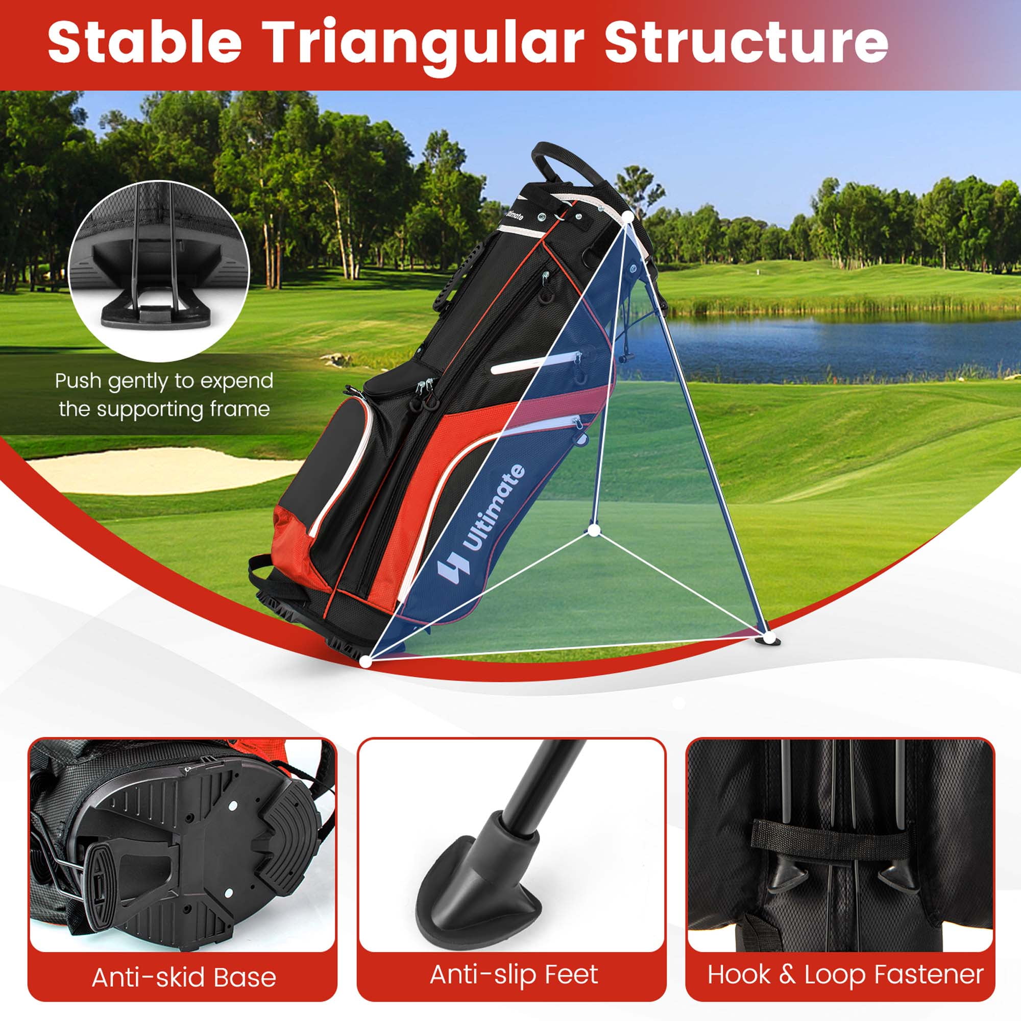 Costway Lightweight Golf Stand Bag with 14 Way Top Dividers 6 Pockets Cooler Bag Rain Hood Red