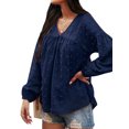 thumbnail image 3 of Femmes Crochet Poignets Élastiques V Cou Manches Longues Uni Top, 3 of 4