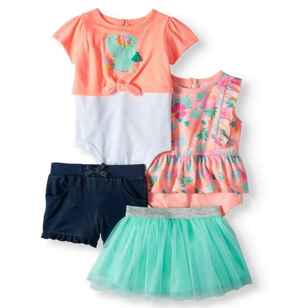 Garanimals Print Peplum Bodysuit, 2fer Tie-Front Bodysuit, Shorts & Tutu, 4pc Outfit Set (Baby Girls)