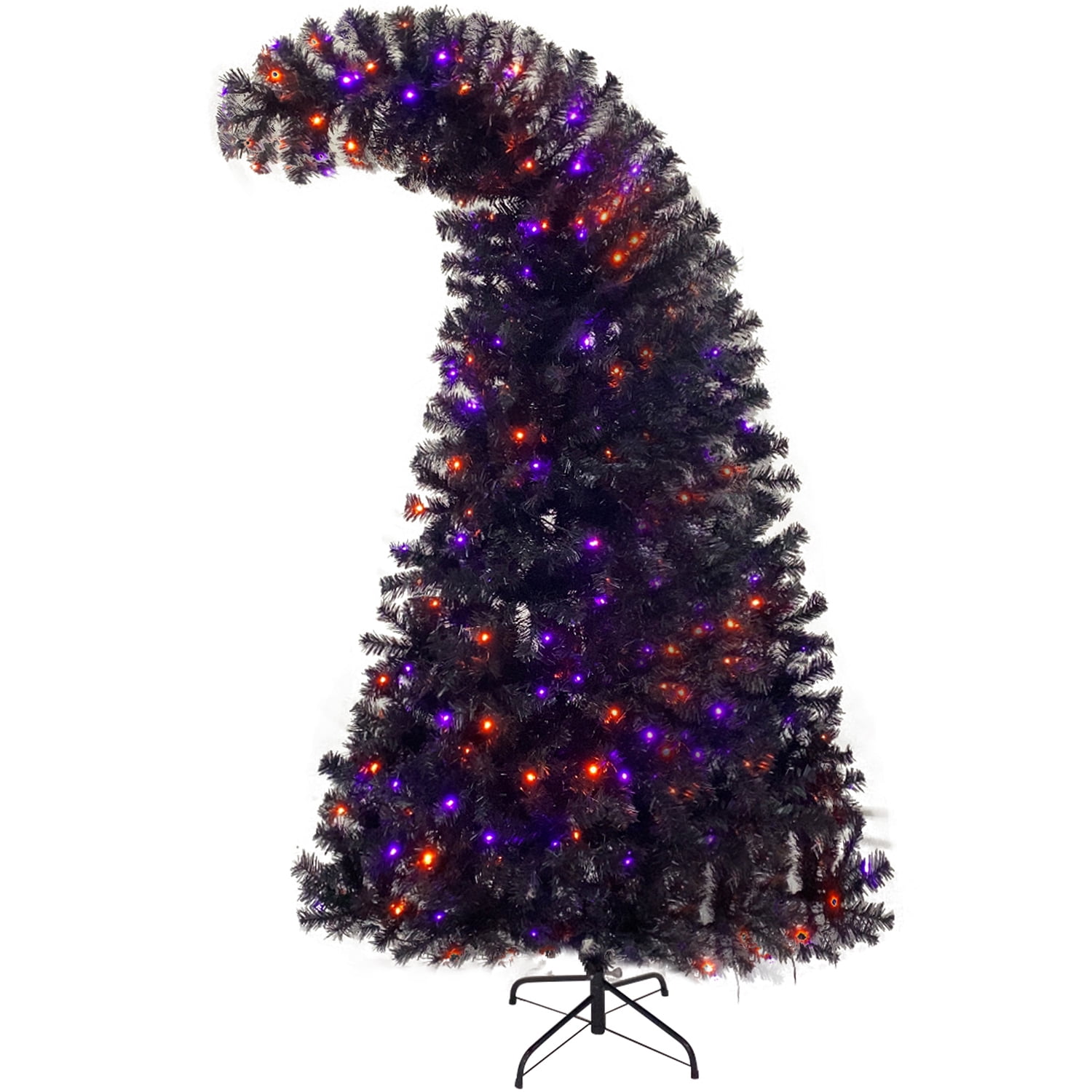 Resenkos 6FT Grinch Style Bent Top Fir Hinged Pre-lit Black Christmas Tree for Holiday Decoration