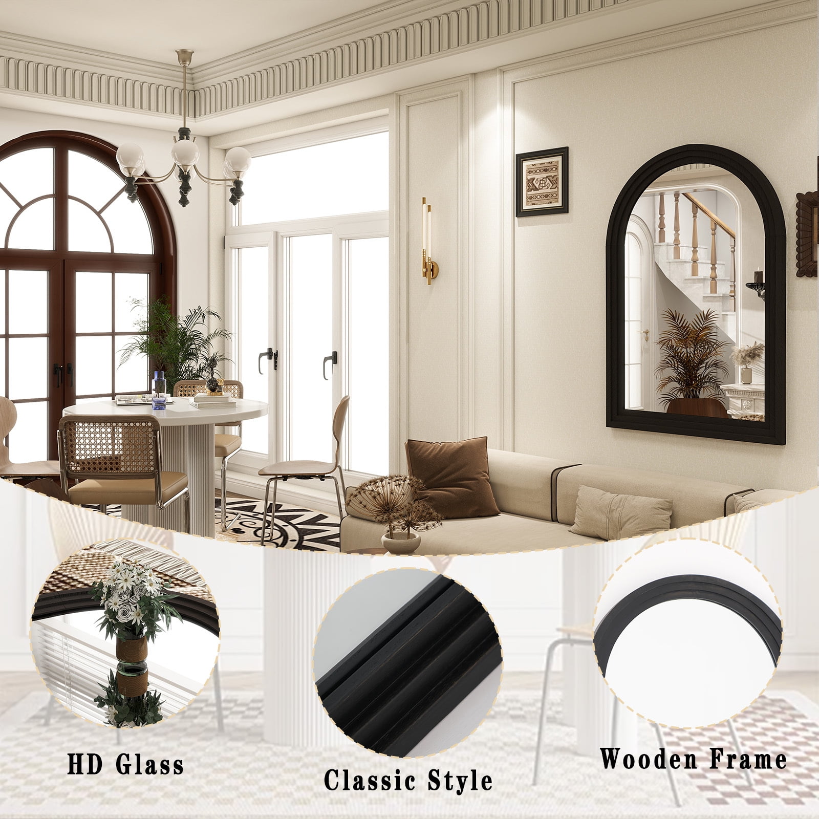 Anyrose 36.2"x24" Arch Wooden Framed Vanity Bathroom Mirror, Black
